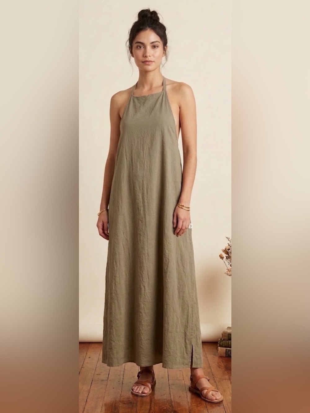 Women's Bohemian Boho Cottagecore Olive Green Halter Maxi Dress Minimalist XL